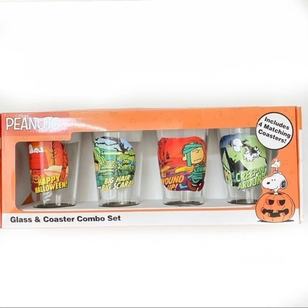Peanuts Halloween Pint Size 16 oz Glasses with Coasters Colorful Scenes Set of 4